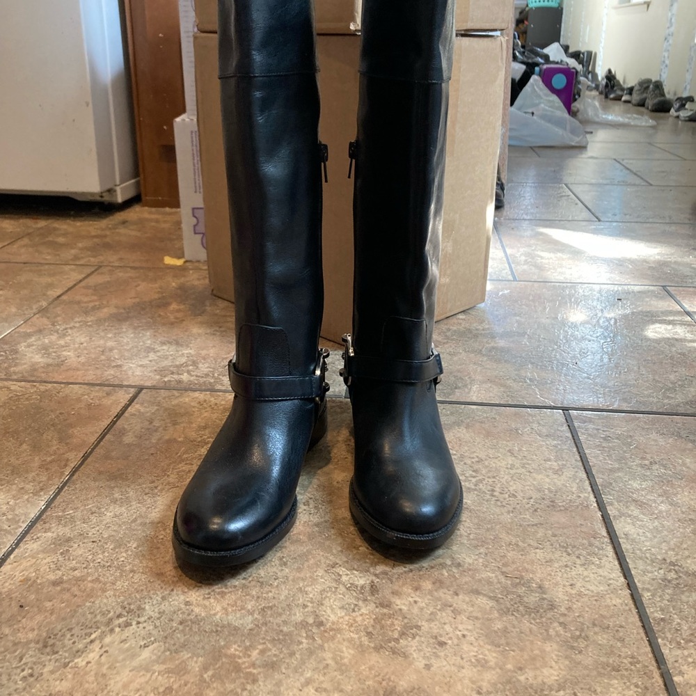 Ralph Lauren black leather riding boots equestrian 5B buckle hardware heeled - Picture 2 of 5